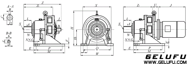 BW12、BWD12、BW15、BWD15、BW18、BWD18、BW22、BWD22、BW27、BWD27、BW33、BWD33、BW39、WD39、BW45、BWD45、BW55、BWD55上海变速机械厂标准行星摆线针轮减速机外形及安装尺寸