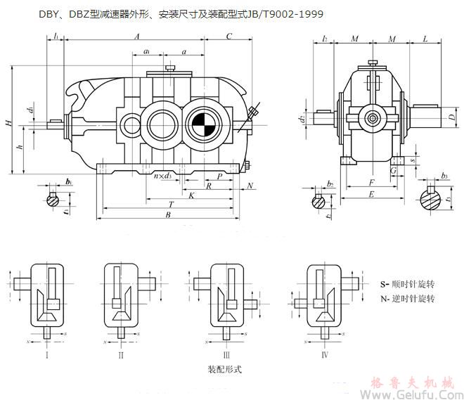 DBY160、DBZ160、DBY180、DBZ180、DBY200、DBZ200、DBY224、DBZ224、DBY250、DBZ250、DBY280、DBZ280、DBY315、DBZ315、DBY355、DBZ355、DBY400、DBZ400、DBY450、DBZ450、DBY500、DBZ500、DBY560、DBZ560减速机外形、安装尺寸及装配型式JB/T9002-1999