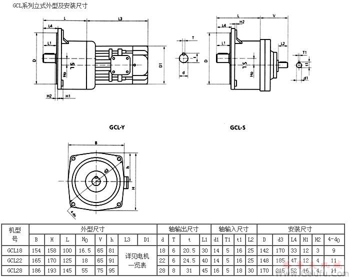GCL18、GCL22、GCL28係列立式外型及安裝尺寸