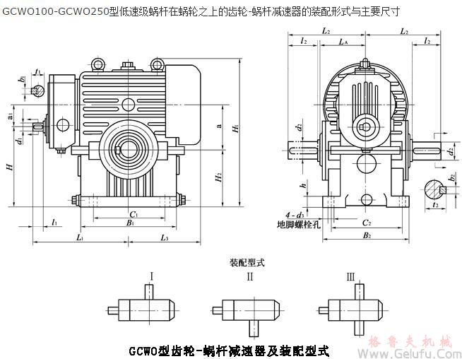 GCWO100-GCWO250型低速級蝸杆在蝸輪之上的齒輪-蝸杆減速機的裝配形式與主要尺寸（JB/T7008-1993）