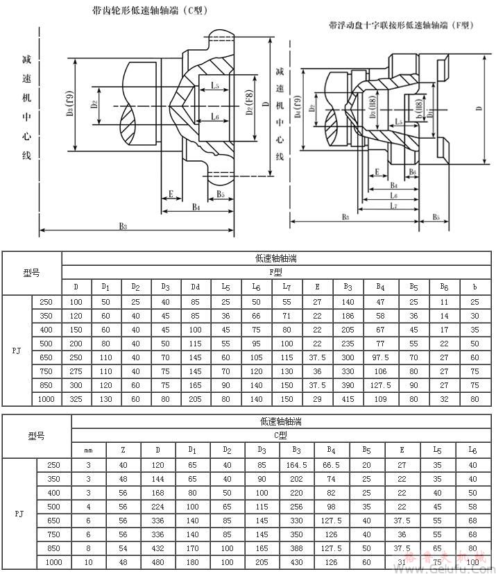PJ250、PJ350、PJ400、PJ500、PJ650、PJ750、PJ850、PJ1000输入输出轴端尺寸
