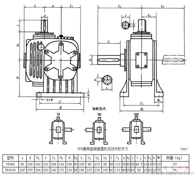 TPG80、TPG100、通用型减速机形式及外形尺寸（Ⅺ—XIII）