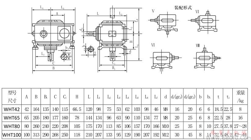 WHT42、WHT65、WHT80、WHT100型圆弧圆柱蜗杆减速机Ⅴ—Ⅷ式安装型式及尺寸JB2318—79